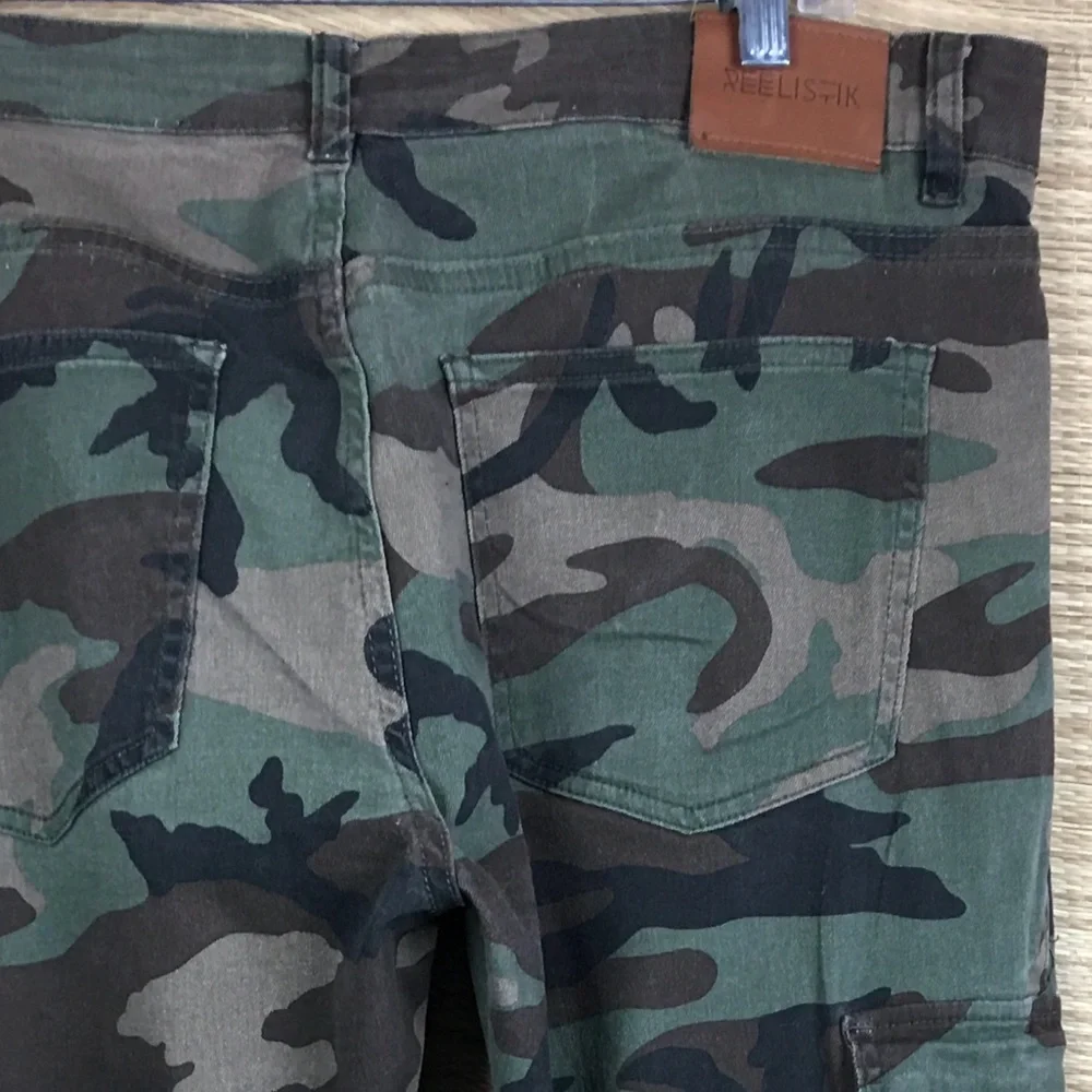 Reelistik NYC Green Camo Cargo Jeans-Army Stretch Zipper Cargo Split Jeans Sz 36